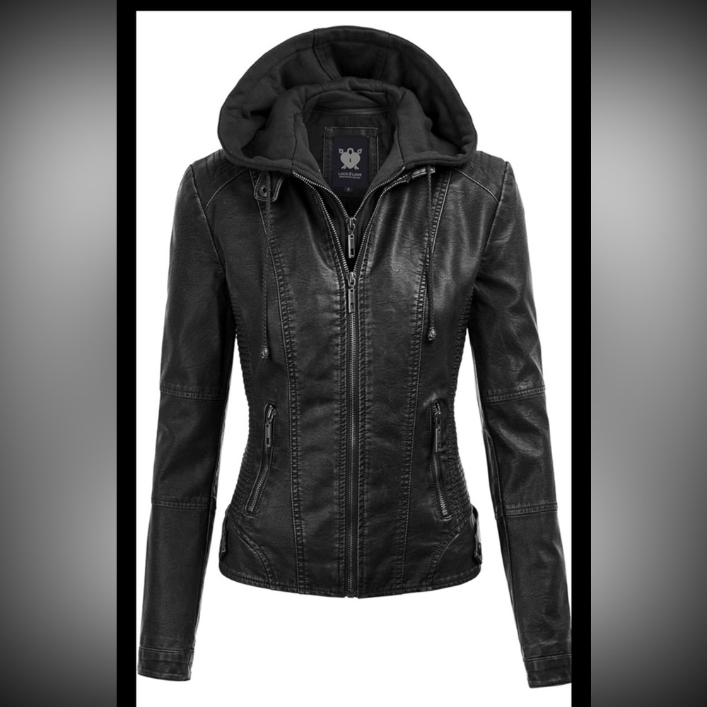 NWOT Lock and Love Women's Hooded Faux Leather Moto Biker Jacket Small Black